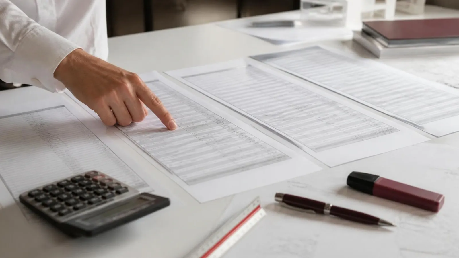 Architecte qui compare les décompositions de prix de plusieurs entreprises posées côte à côte sur une table.