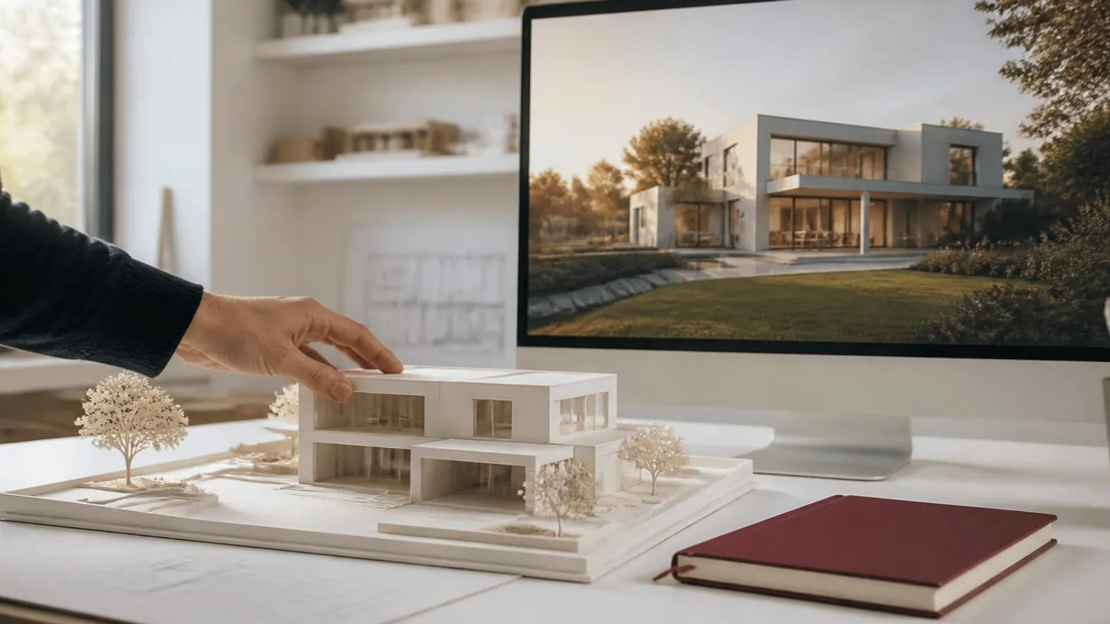 Maquette blanche d'une maison sur une table d'agence, sa perspective générée affichée sur un écran derrière.