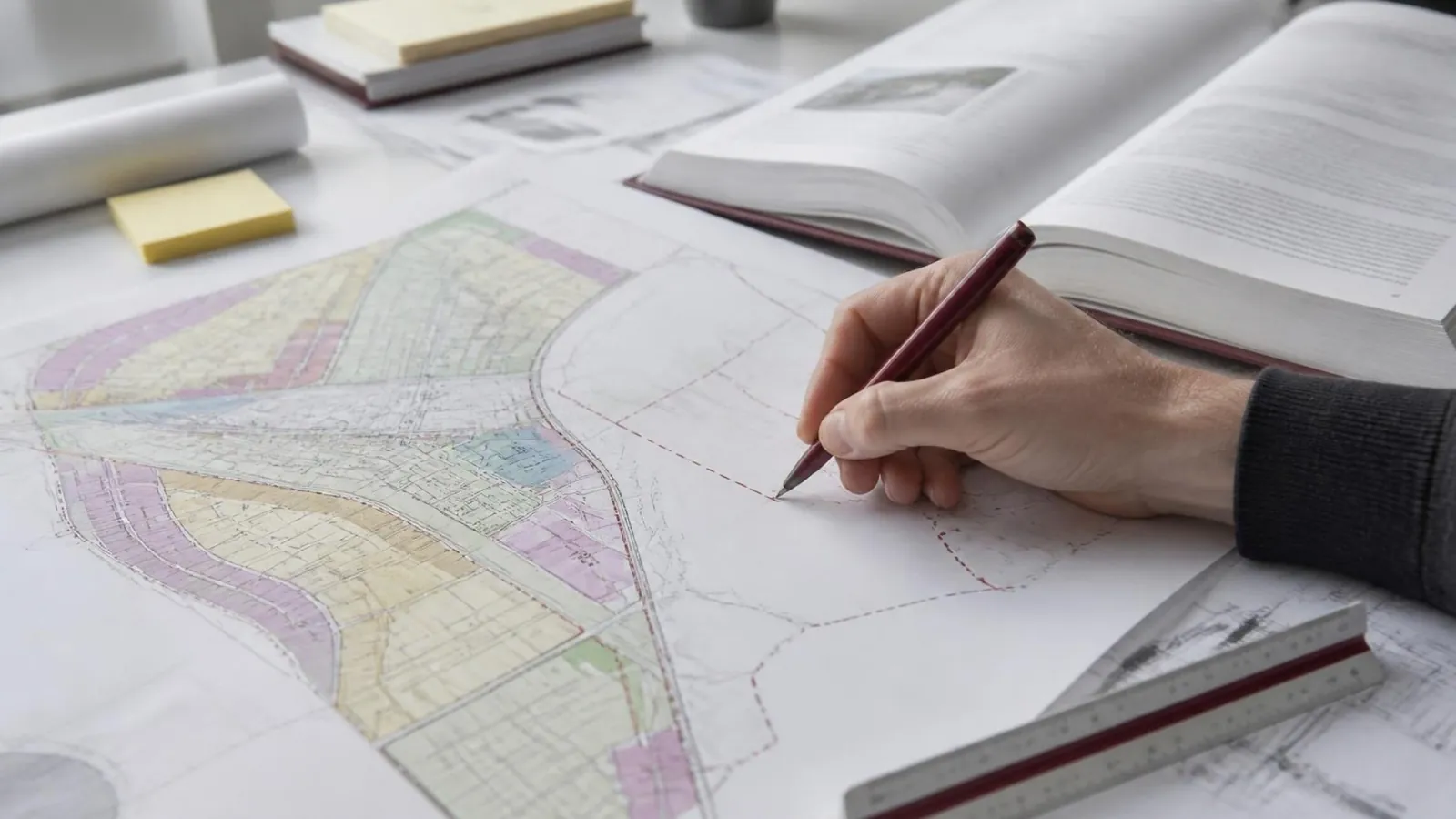 Architecte qui annote un plan de zonage imprimé, le règlement du PLU ouvert à côté.