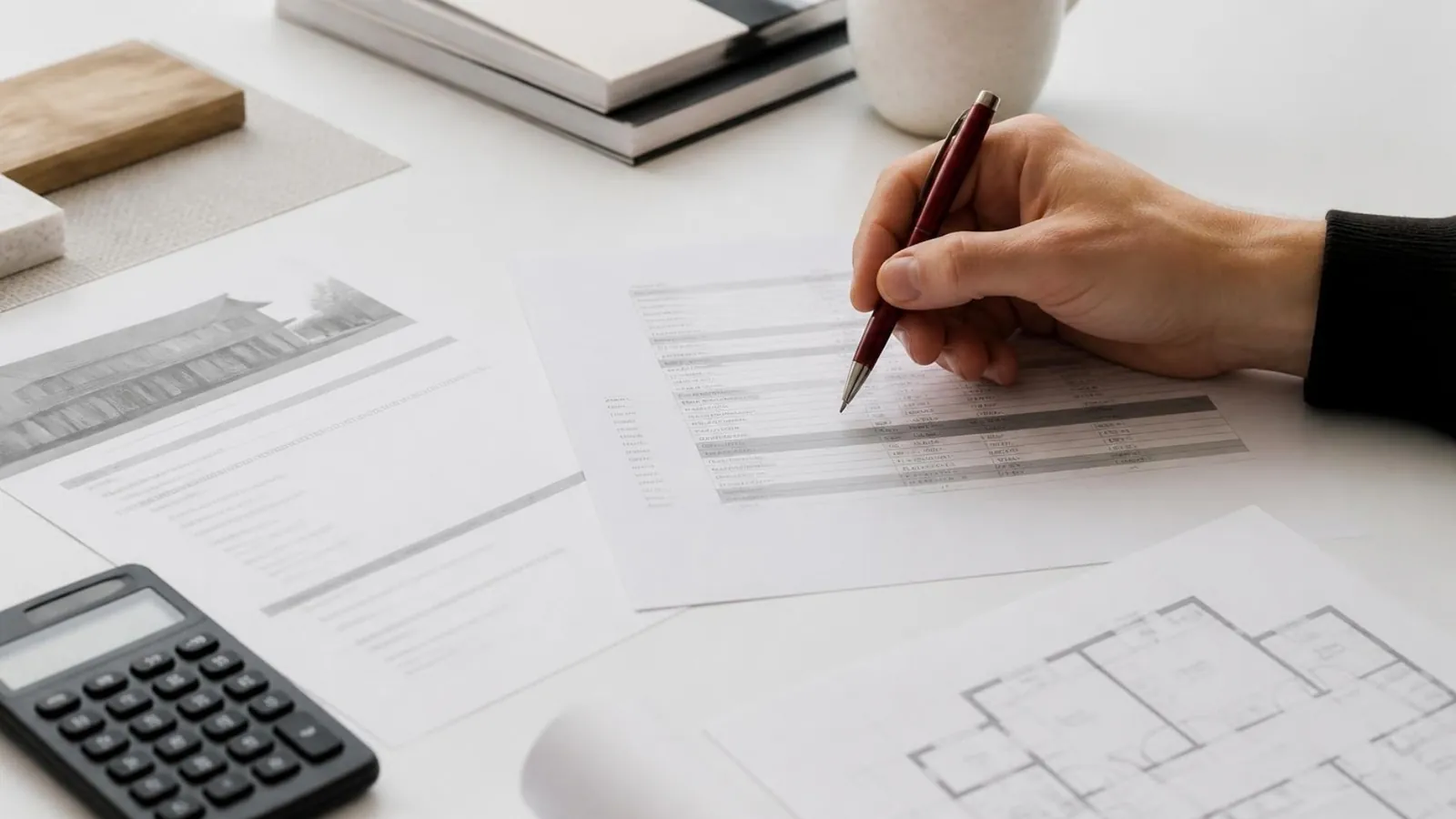 Architecte qui confronte un devis d'entreprise imprimé au descriptif des travaux, stylo en main.