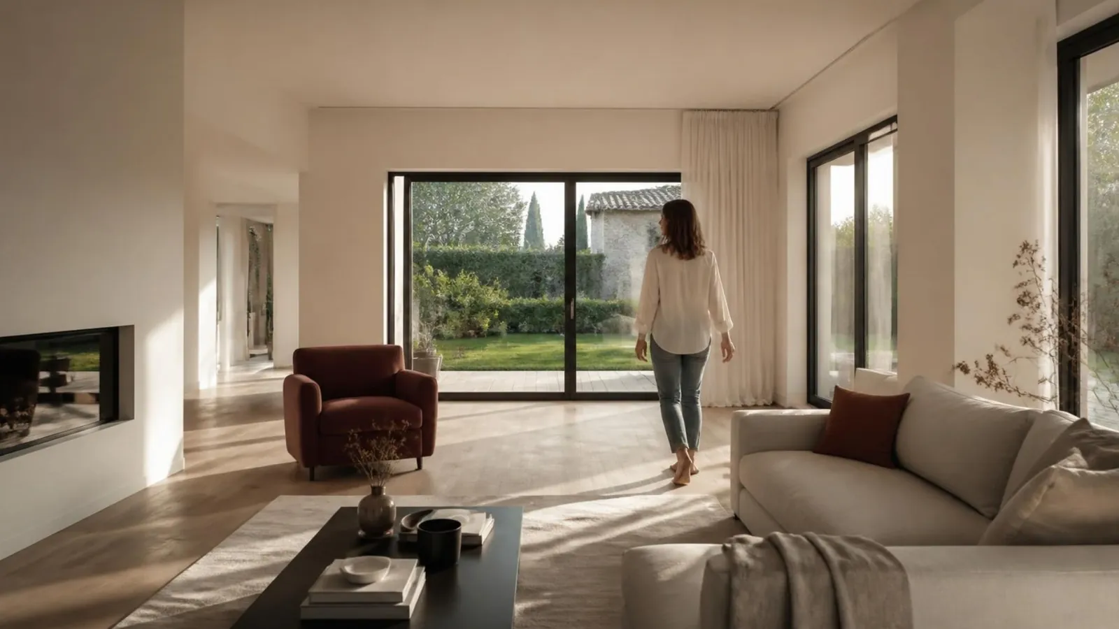 Image générée : une personne traverse le séjour lumineux d'une maison qui n'est pas encore construite.